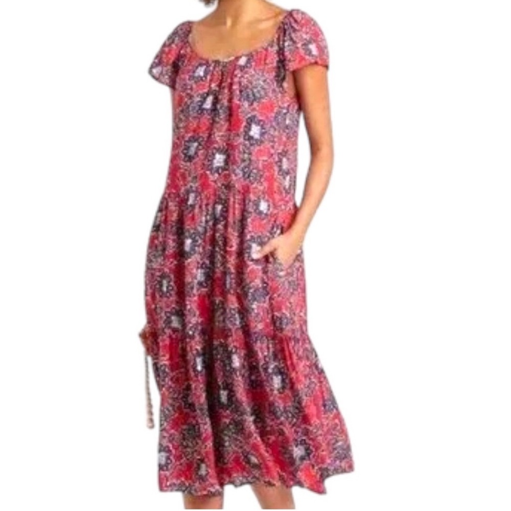 Knox Rose NWT Drop Waist Red Floral Print Midi Dress Size Medium PTP 20+
